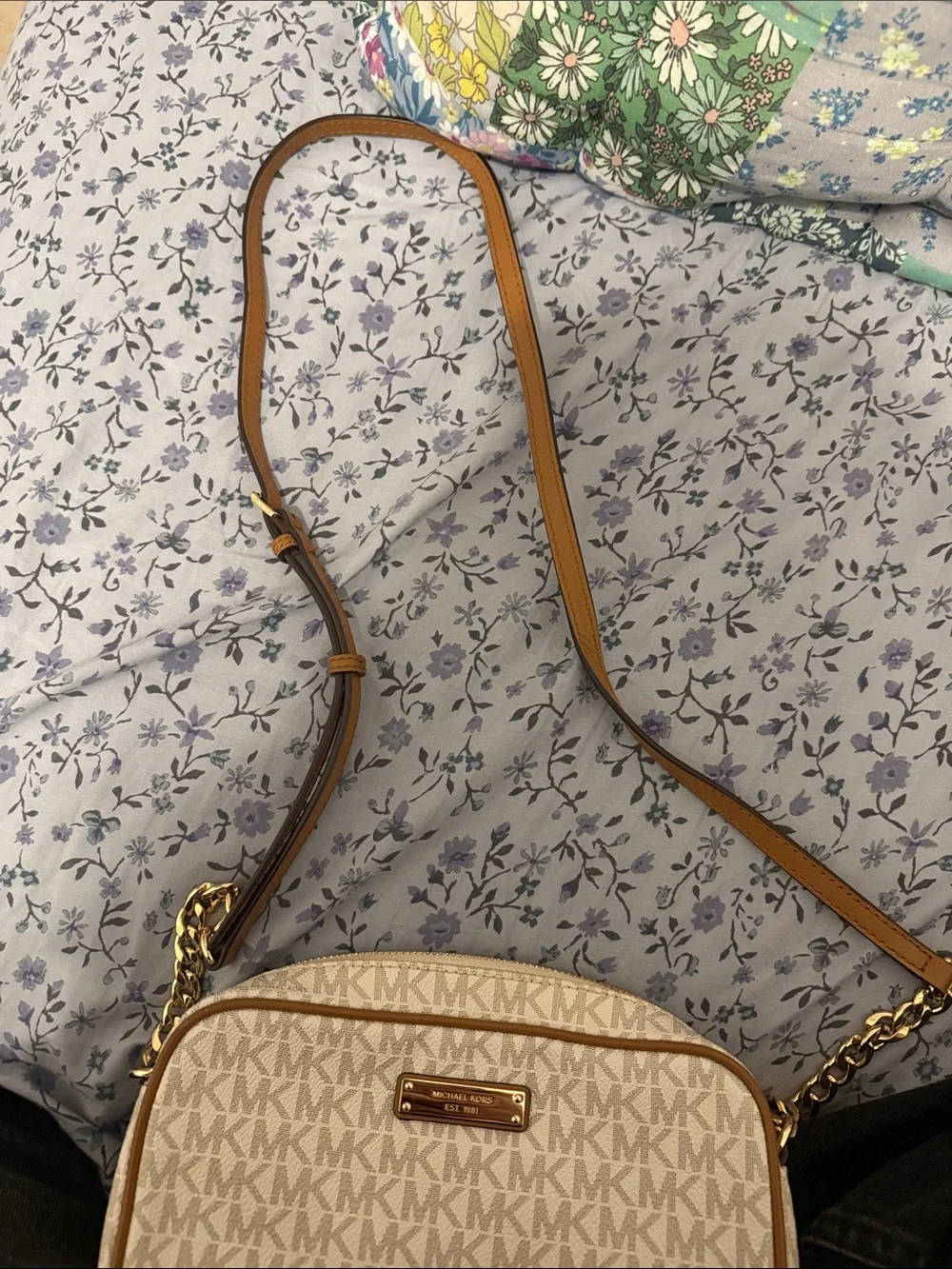 Michael Kors Jet Set Medium Cream Logo Crossbody with Tan Trim